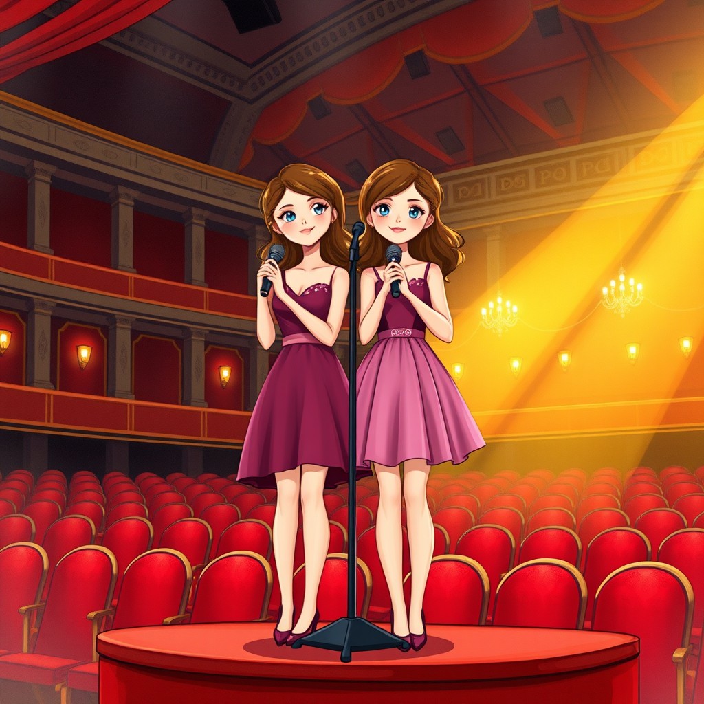 An illustration for a book cover featuring two 13-year-old identical twin sisters standing on an elevated stage at an indoor music festival in Paris