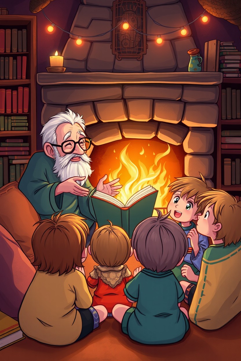 A cozy and whimsical illustration depicting a whimsical storytelling scene by a crackling fireplace