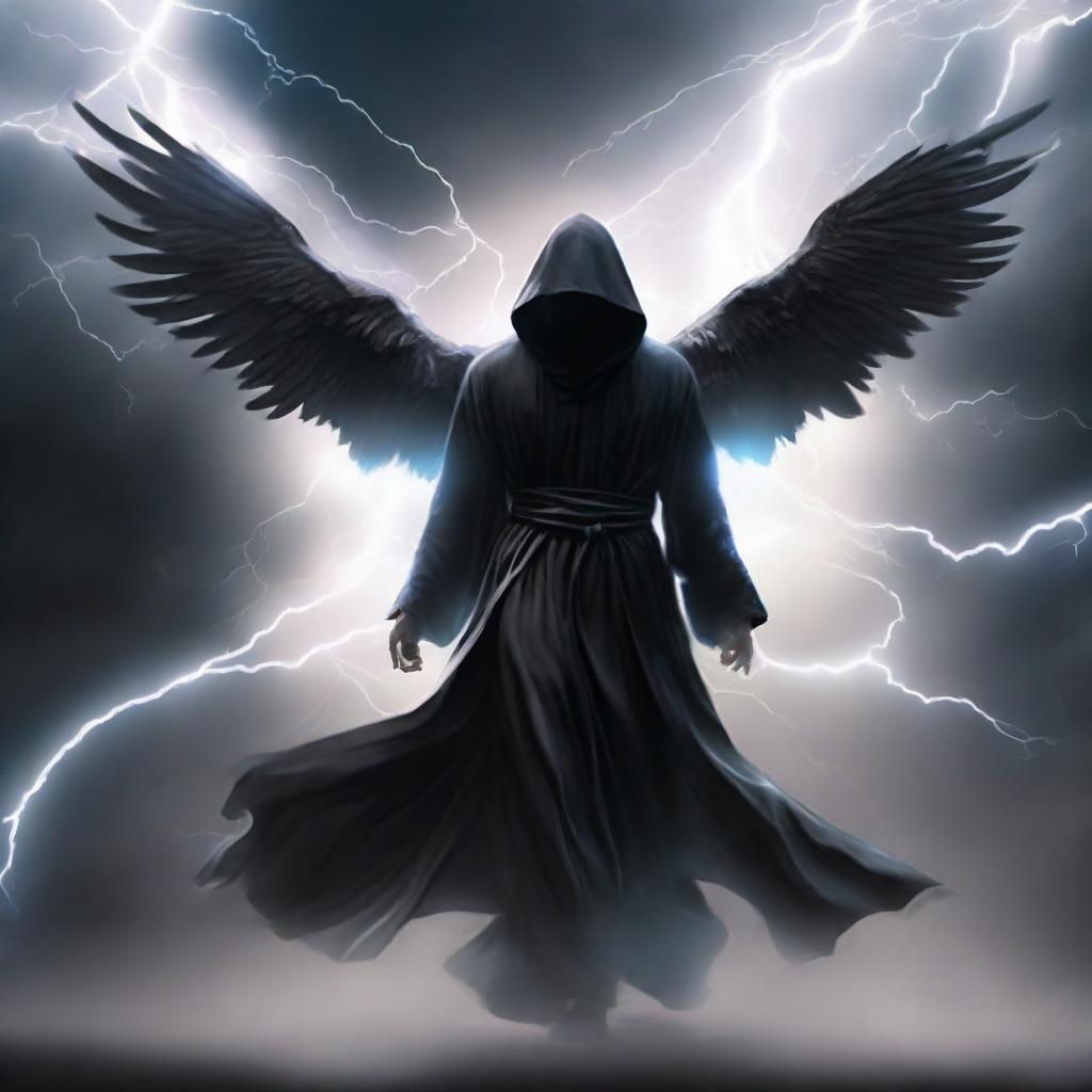 A man draped in a black hooded robe, with luminous aura wings spread forward, daringly flying against the backdrop of a violent, swirling thunderstorm in the vast sky.