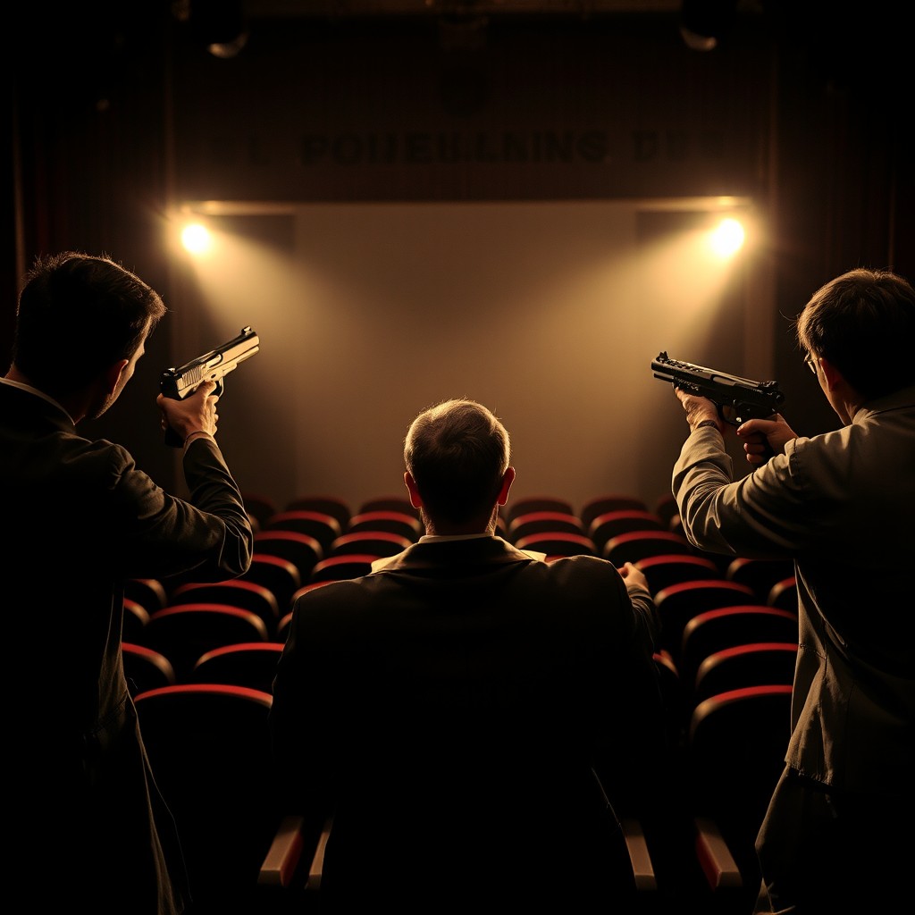 A dramatic stage scene featuring four actors in the foreground, viewed from the back as they aim realistic firearms towards a single audience member