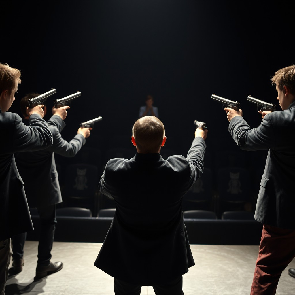 A dramatic stage scene featuring four actors in the foreground, viewed from the back as they aim realistic firearms towards a single audience member