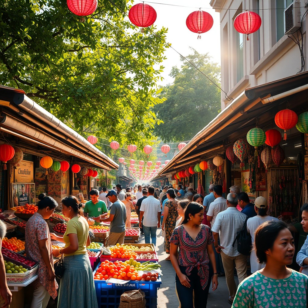 A vibrant and colorful street scene showcasing a bustling outdoor market with various stalls selling fruits, vegetables, and handmade crafts
