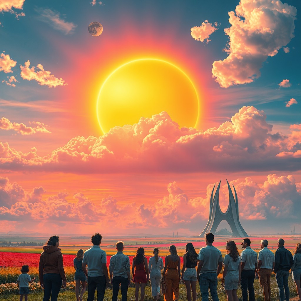 A surreal depiction of the 'false sun theory', featuring a vivid sky where a radiant yet artificial sun is dominating the horizon