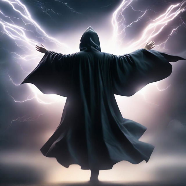 A man draped in a black hooded robe, with luminous aura wings spread forward, daringly flying against the backdrop of a violent, swirling thunderstorm in the vast sky.