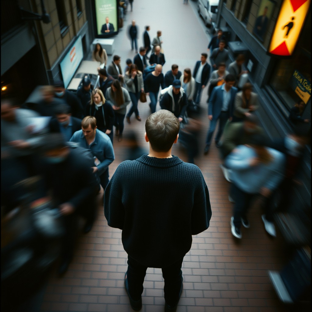 An overhead shot capturing a person standing still on a brick city sidewalk, wearing a dark oversized sweater