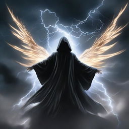 A man draped in a black hooded robe, with luminous aura wings spread forward, daringly flying against the backdrop of a violent, swirling thunderstorm in the vast sky.