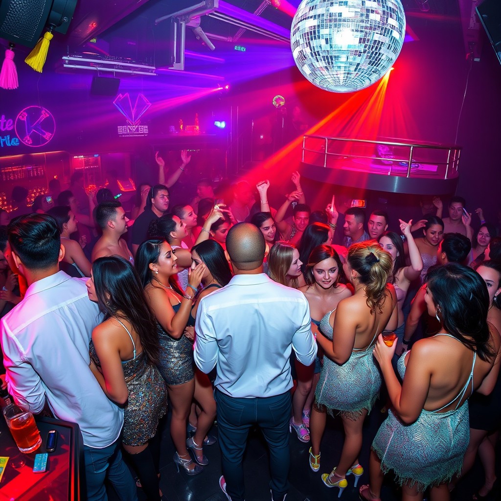 A vibrant and energetic nightclub scene, filled with diverse, stylish partygoers dancing under neon lights and a dazzling disco ball