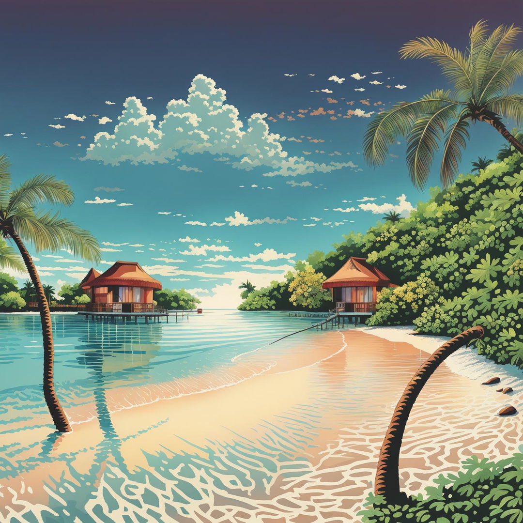 The digital art image depicts a scene reminiscent of the Maldives, a tropical paradise known for its white sandy beaches, clear turquoise waters, and overwater bungalows