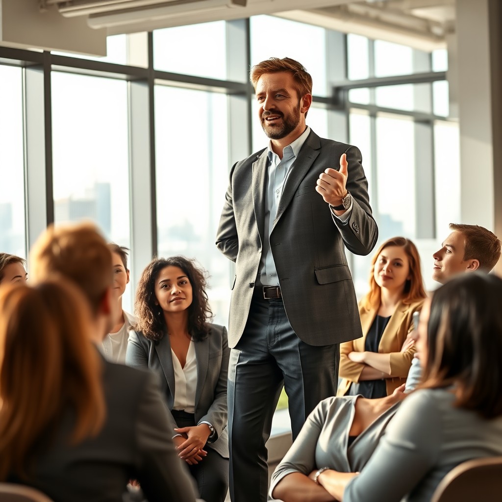 An inspiring and confident leader standing in a modern office environment, engaged in motivating a diverse group of employees