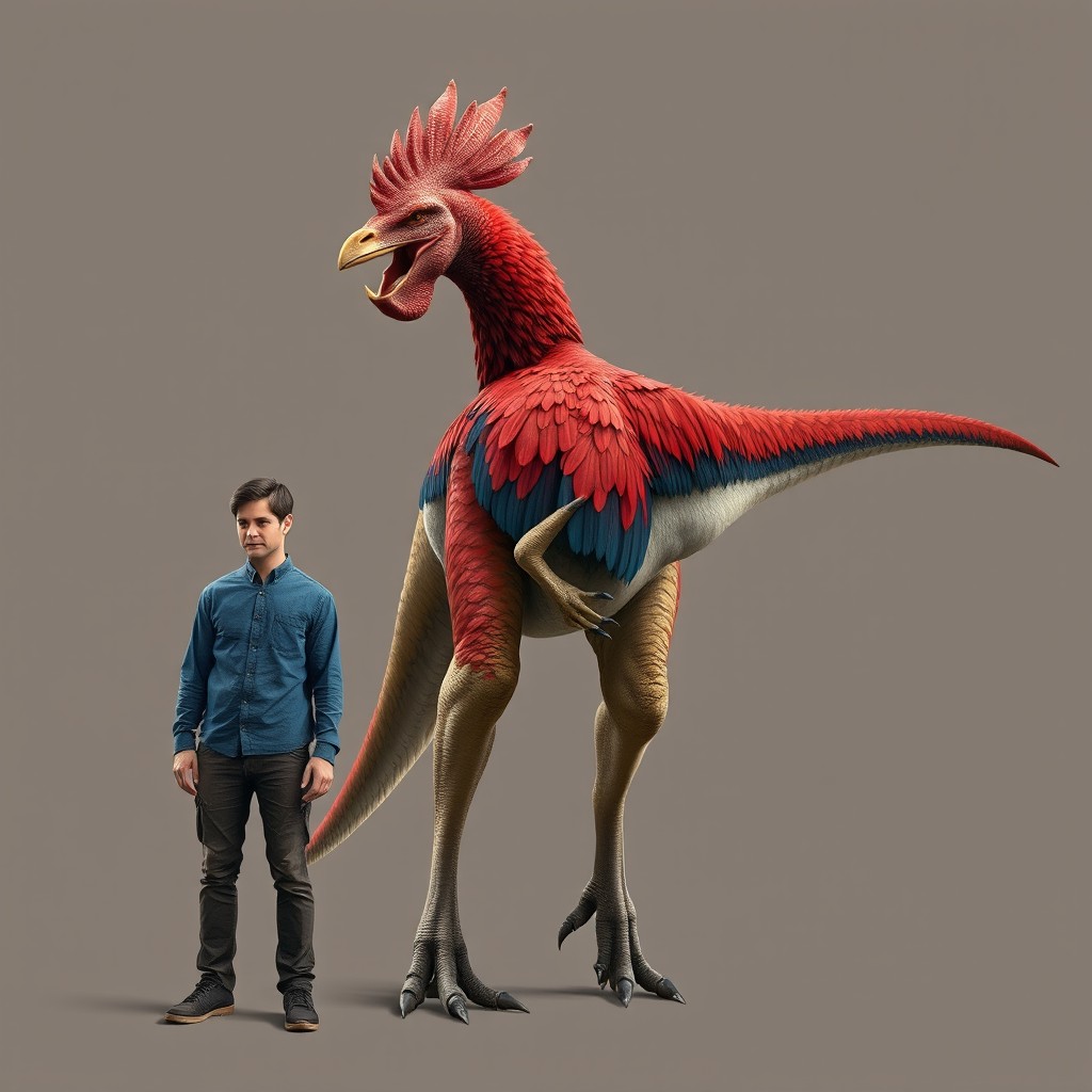 A realistic and detailed depiction of a fictional chicken dinosaur, approximately the height of a pony, standing just below the shoulders of a man named Carl