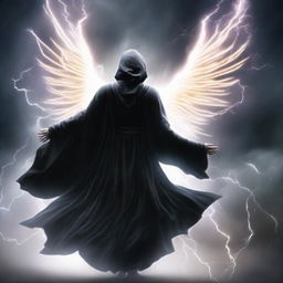 A man draped in a black hooded robe, with luminous aura wings spread forward, daringly flying against the backdrop of a violent, swirling thunderstorm in the vast sky.