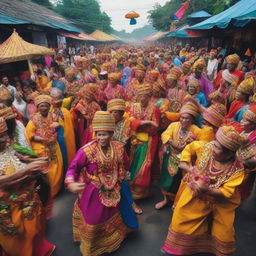 A lively festival scene in Indonesia, showcasing vibrant colors, traditional garb, dancing, food, and a spirit of unity among celebrants.