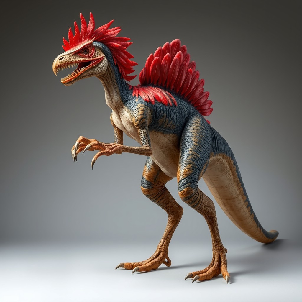 A realistic depiction of a hybrid velociraptor-chicken, showcasing its fierce and predatory nature