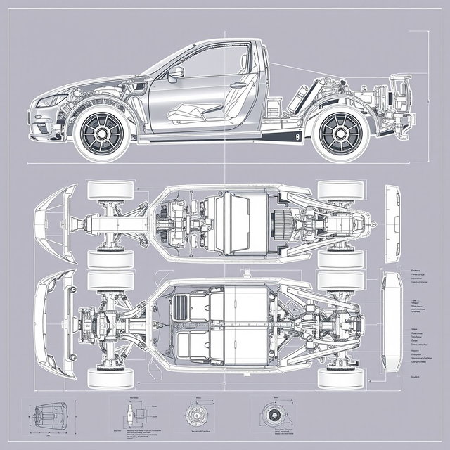 Detailed technical drawings showcasing the lateral, frontal, and top views of a vehicle