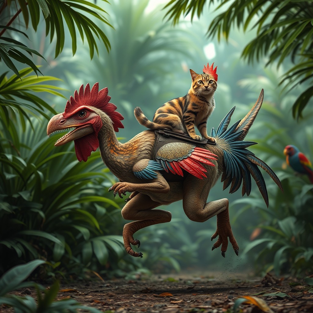 A realistic jungle scene featuring a hybrid velociraptor chicken, a powerful and fast predator, running into battle