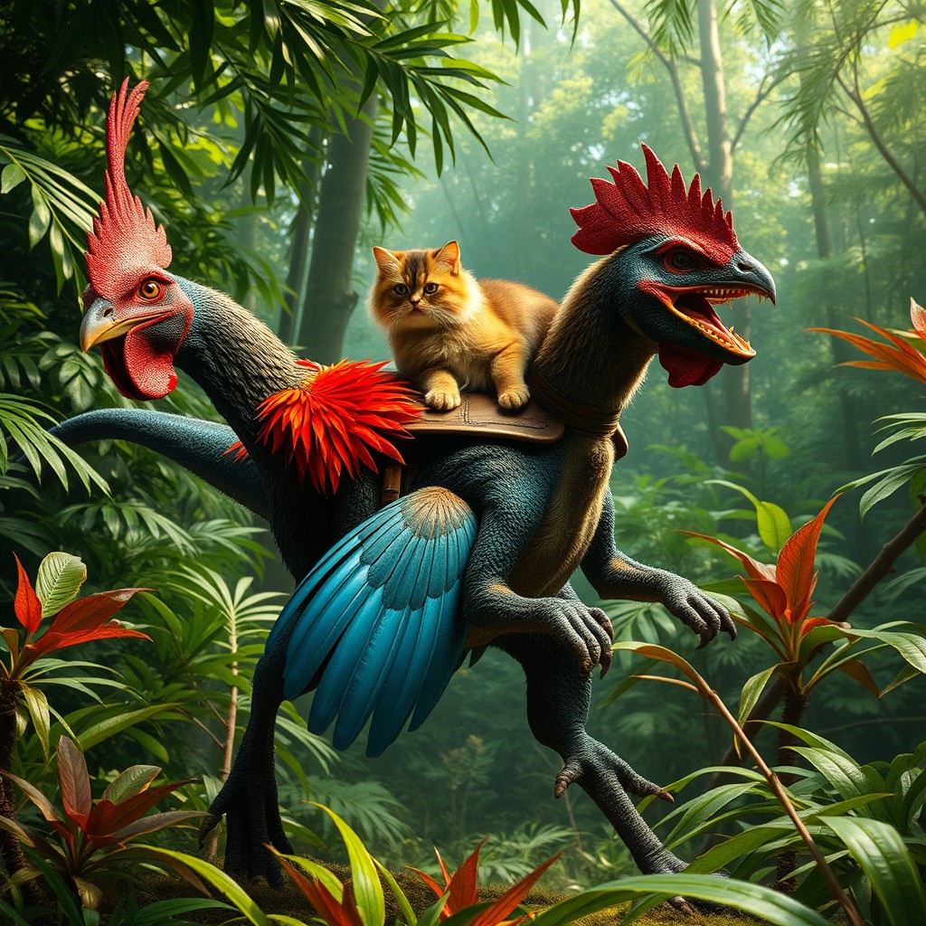 A realistic jungle scene featuring a powerful, fast, and vicious predator: a hybrid velociraptor chicken charging into battle
