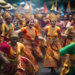 A lively festival scene in Indonesia, showcasing vibrant colors, traditional garb, dancing, food, and a spirit of unity among celebrants.