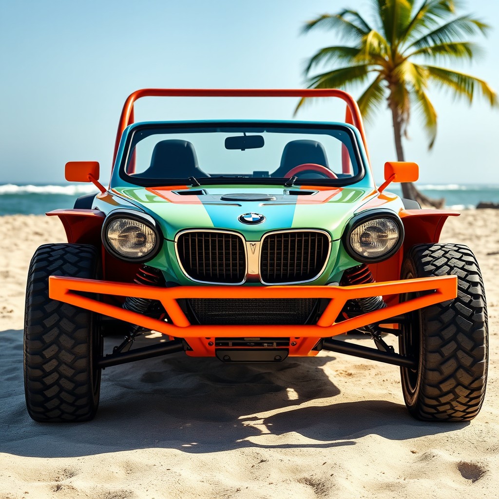 A unique buggy design inspired by the Meyers Manx, featuring a striking front end that resembles the iconic BMW M1