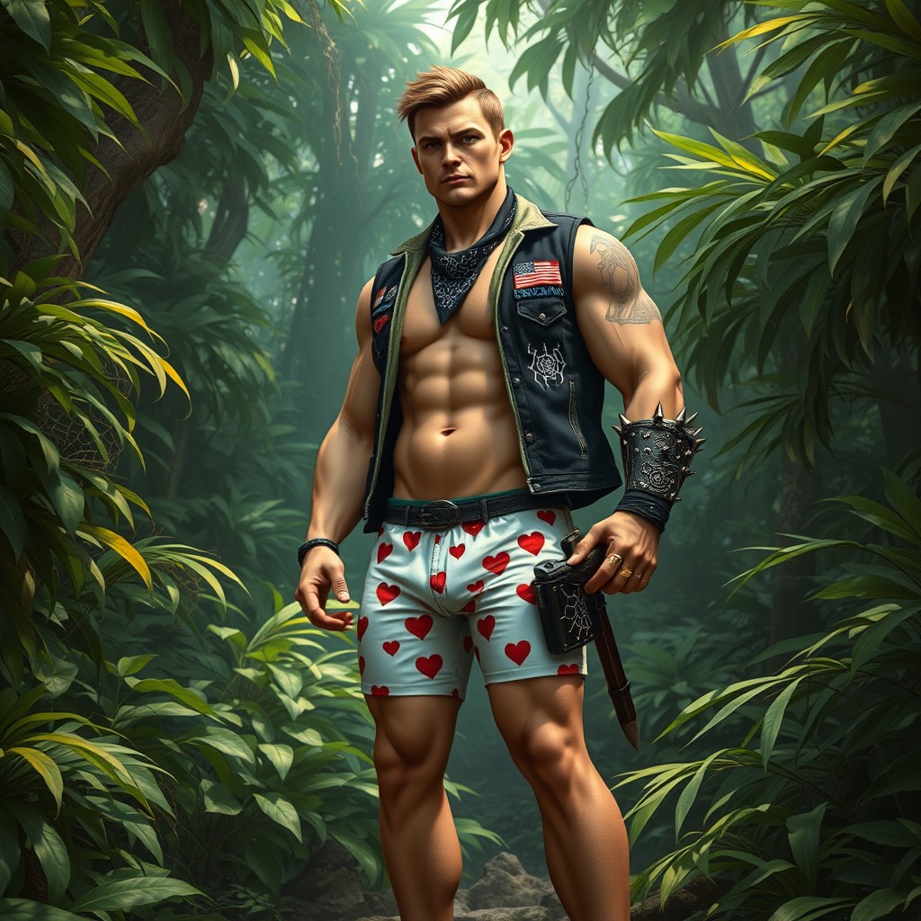 A realistic scene depicting a muscular man standing confidently in a dense jungle environment