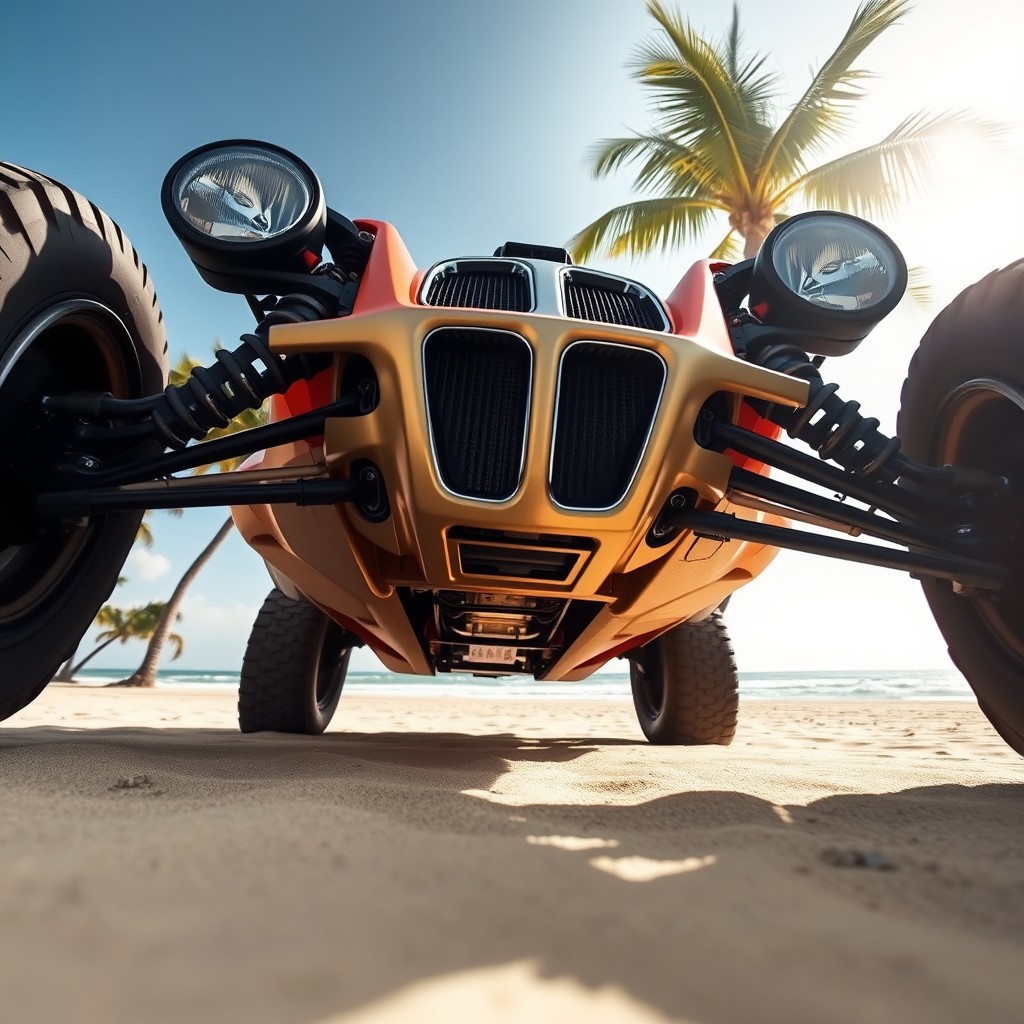 A unique buggy design inspired by the Meyers Manx, featuring a striking front end that resembles the iconic BMW M1, captured from a low angle perspective