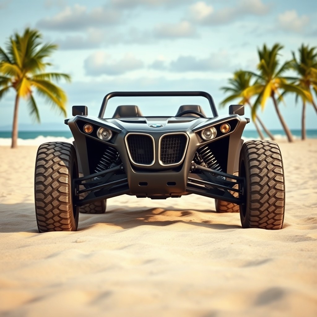 A unique buggy design inspired by the Meyers Manx, featuring a striking front end that resembles the iconic BMW M1, captured from a lateral view with a slight frontal angle