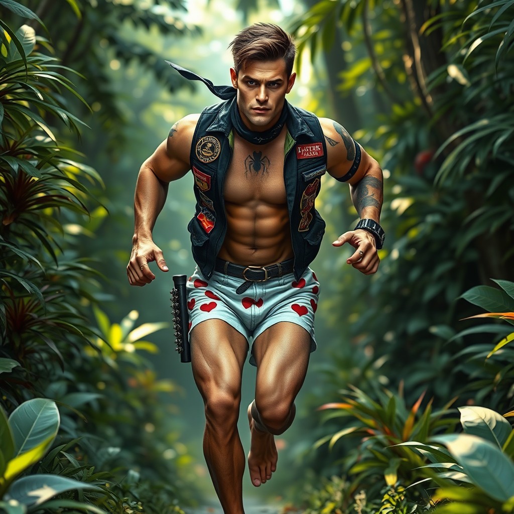 A realistic scene of a muscular man running through a vibrant jungle