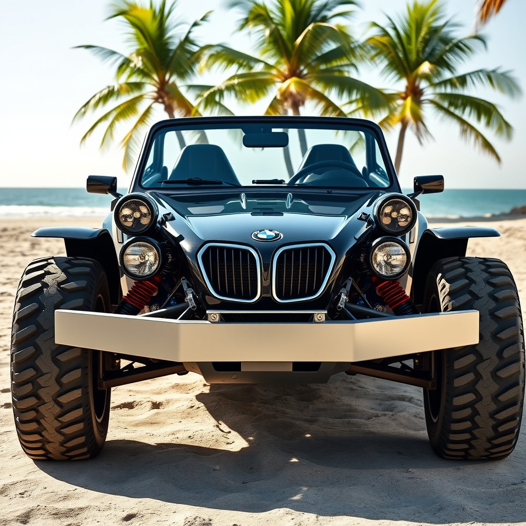 A unique buggy design inspired by the Meyers Manx, featuring a striking front end that resembles the iconic BMW M1, captured from a lateral view with a slight frontal angle