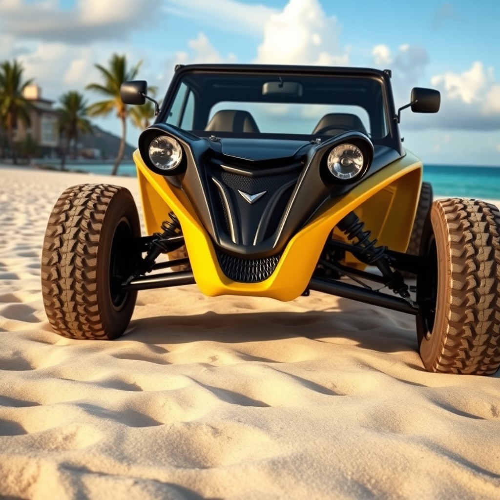 A unique buggy design inspired by the Meyers Manx, now featuring a striking front end influenced by the Veritas RS III, capturing a slightly low angle view