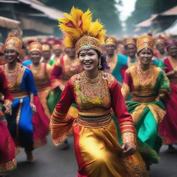 A lively festival scene in Indonesia, showcasing vibrant colors, traditional garb, dancing, food, and a spirit of unity among celebrants.