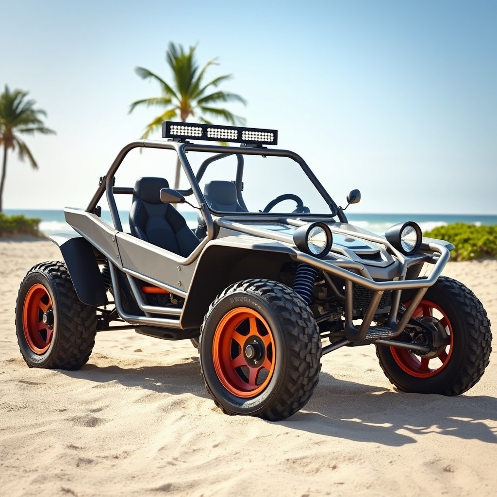 A unique buggy design inspired by the Meyers Manx, transformed to resemble the style of a modern SSV (Side by Side Vehicle) with a robust and rugged aesthetic