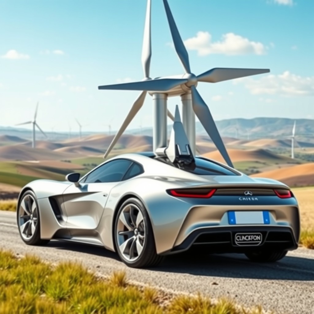 A sleek, aerodynamic sports car powered by wind energy, featuring a large wind turbine mounted on top of the vehicle
