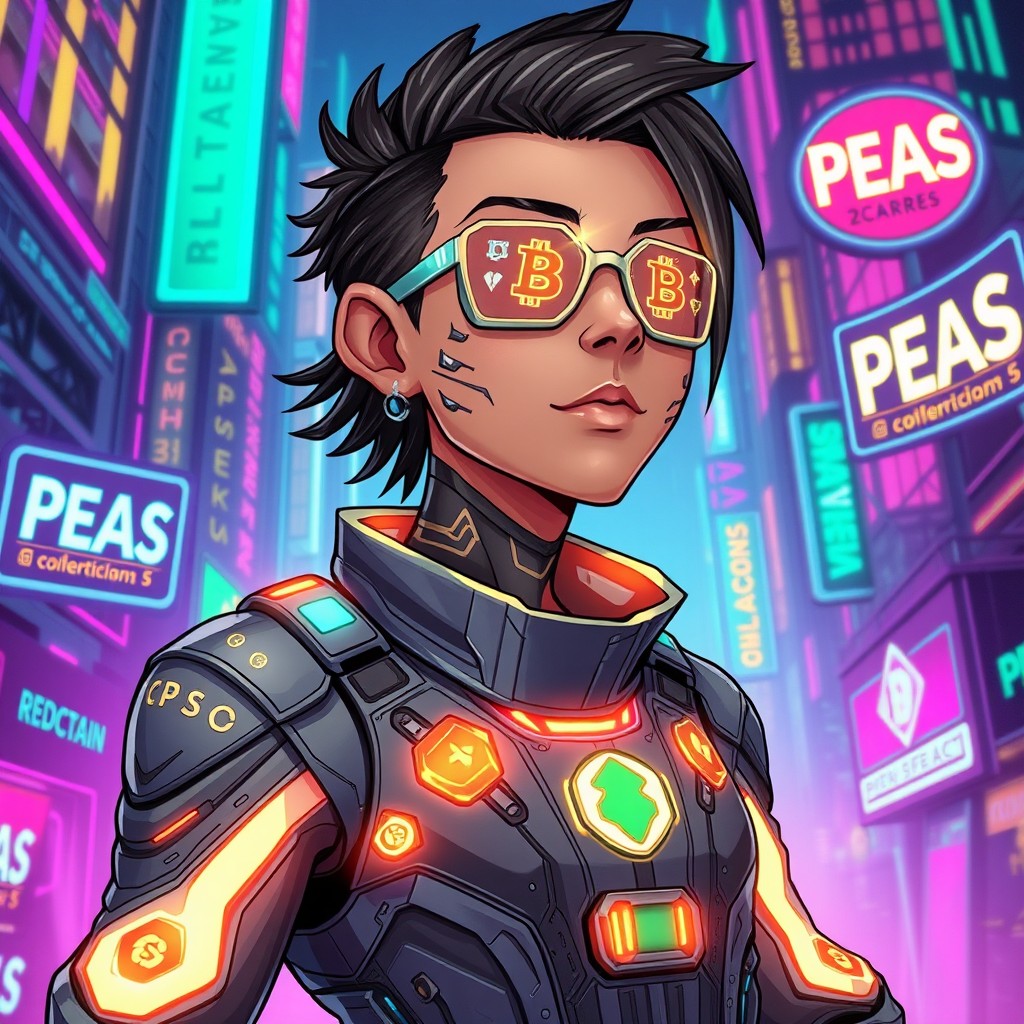 A detailed illustration of a unique NPC character for a cryptocurrency themed game, specifically focused on PEAS crypto