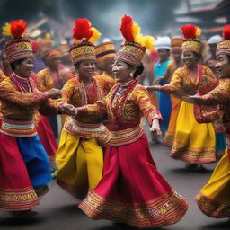 A lively festival scene in Indonesia, showcasing vibrant colors, traditional garb, dancing, food, and a spirit of unity among celebrants.