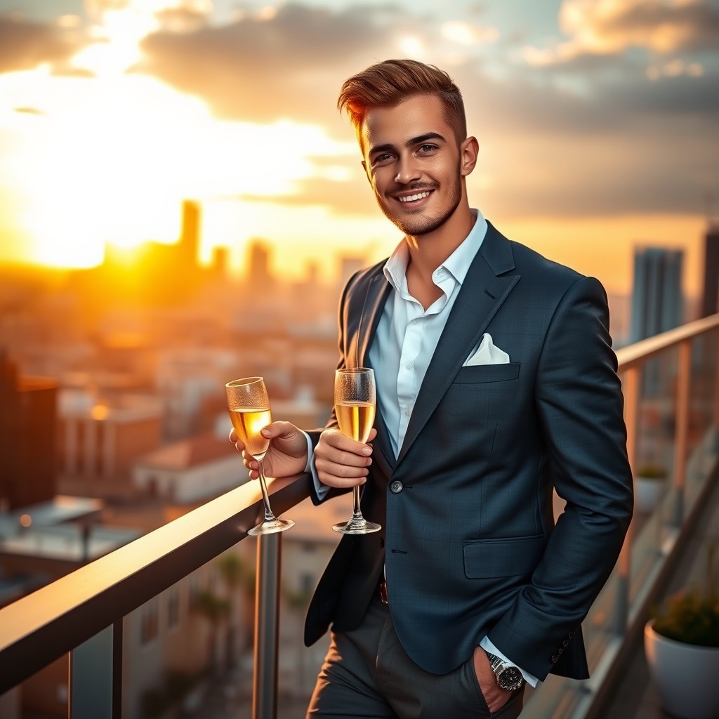A handsome bachelor named Vitālijs, with sharp features and a charming smile, dressed in a stylish suit