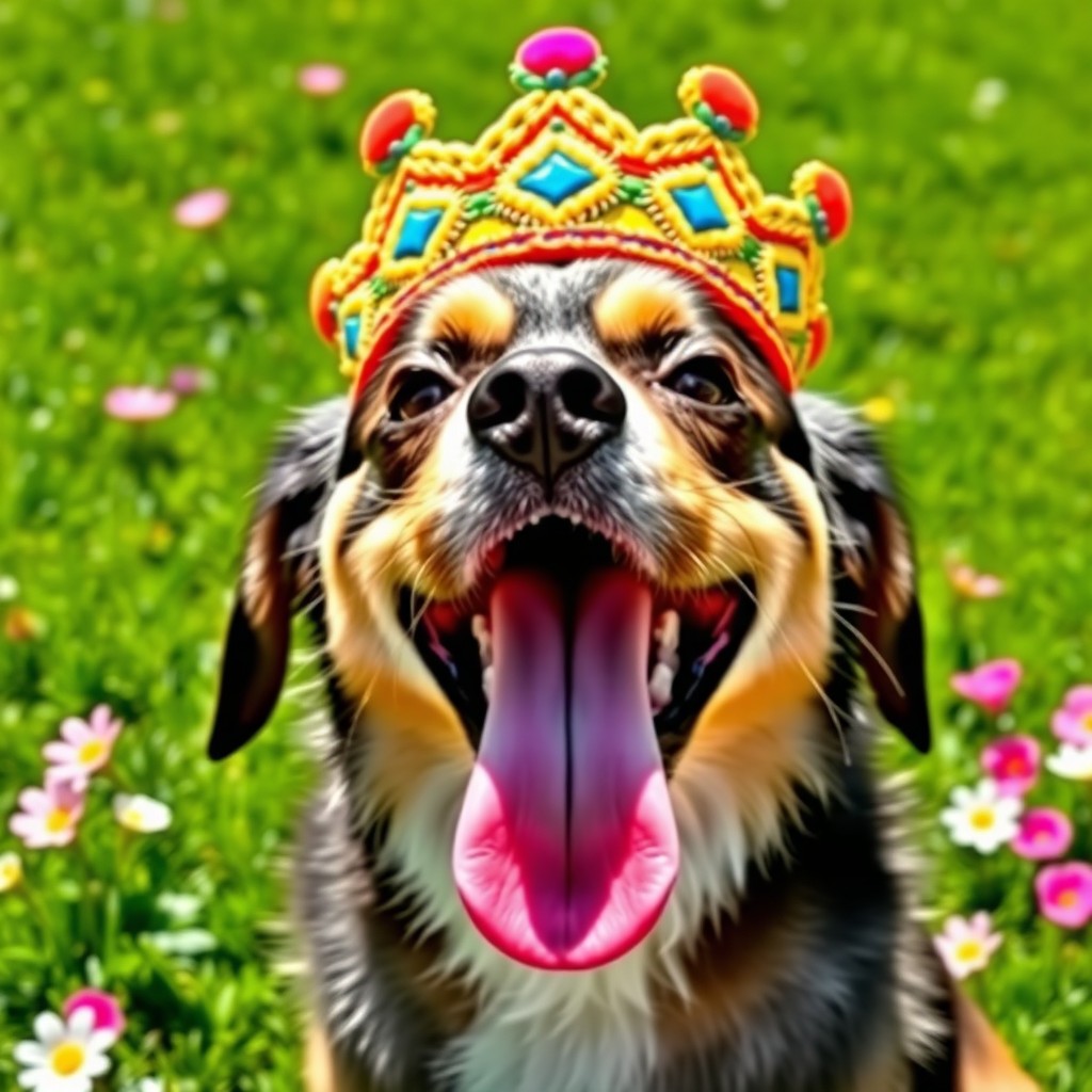 A cute dog with a fessom (a traditional ceremonial hat worn by various cultures, resembling a colorful crown) placed on its head