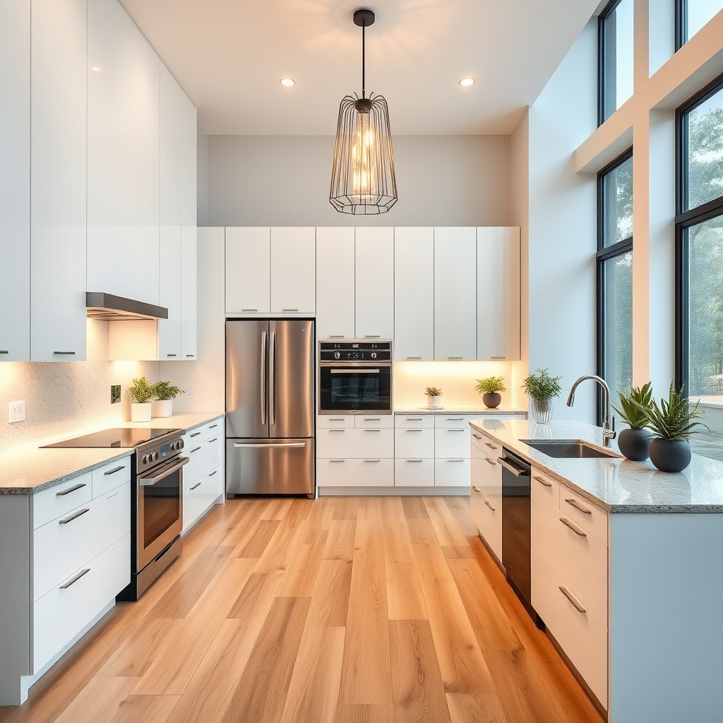 A sleek and modern kitchen featuring minimalist design elements