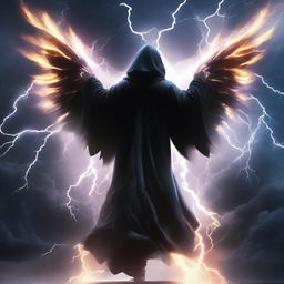 A man cloaked in a black hooded robe, his radiant aura wings interlaced with vivid thunderbolts, soars boldly against the backdrop of an explosive thunderstorm in the endless sky.