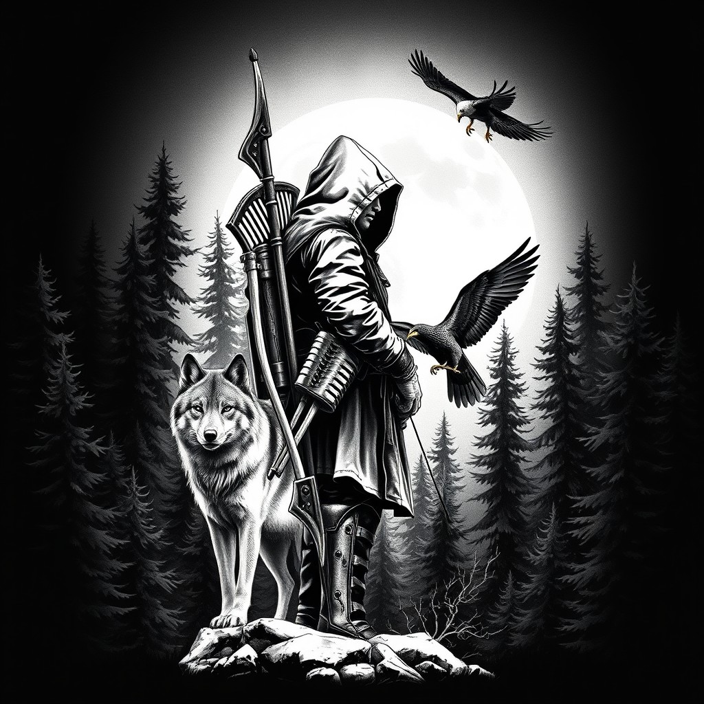 A black and white realistic tattoo design in a dark and mystical style, arranged vertically for a calf