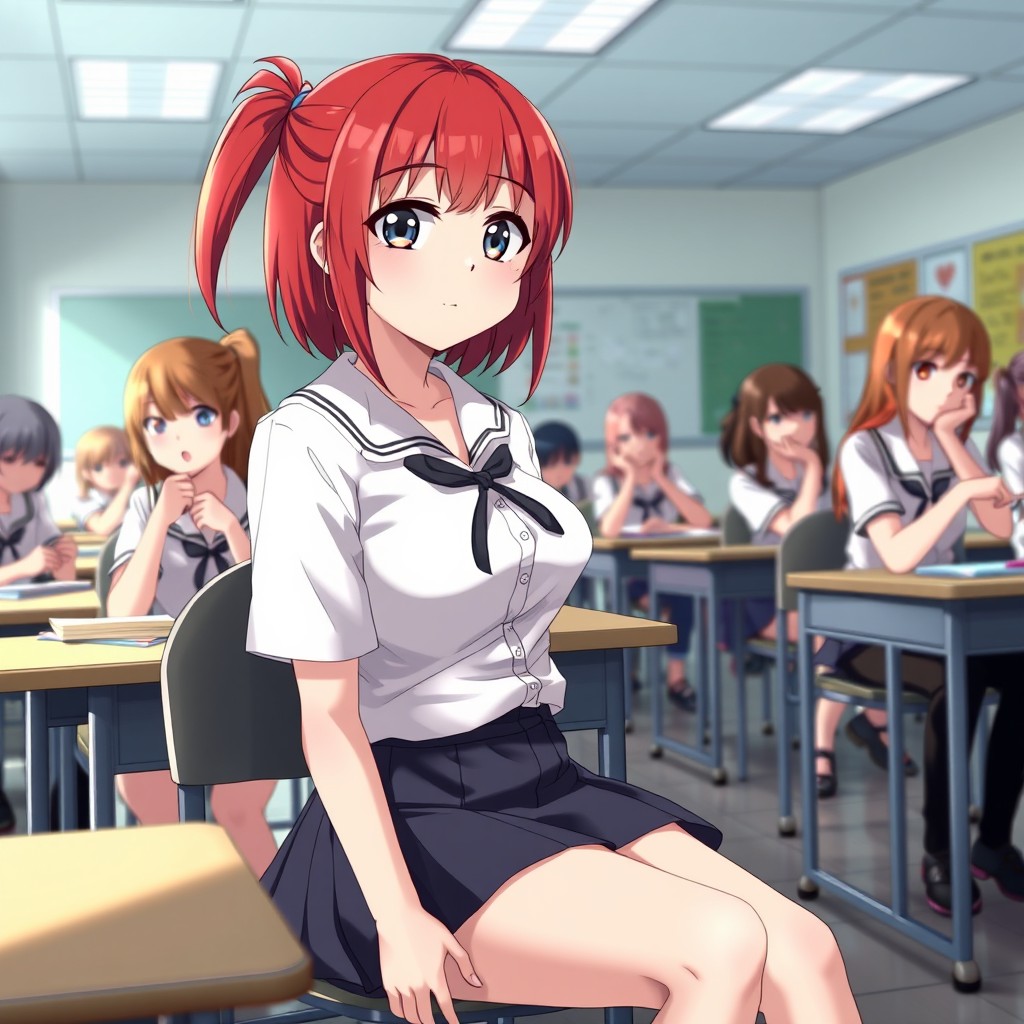 A scene showing a red-haired girl in a school uniform, featuring a short skirt and a white shirt that slightly highlights her figure, sitting at her desk in a classroom