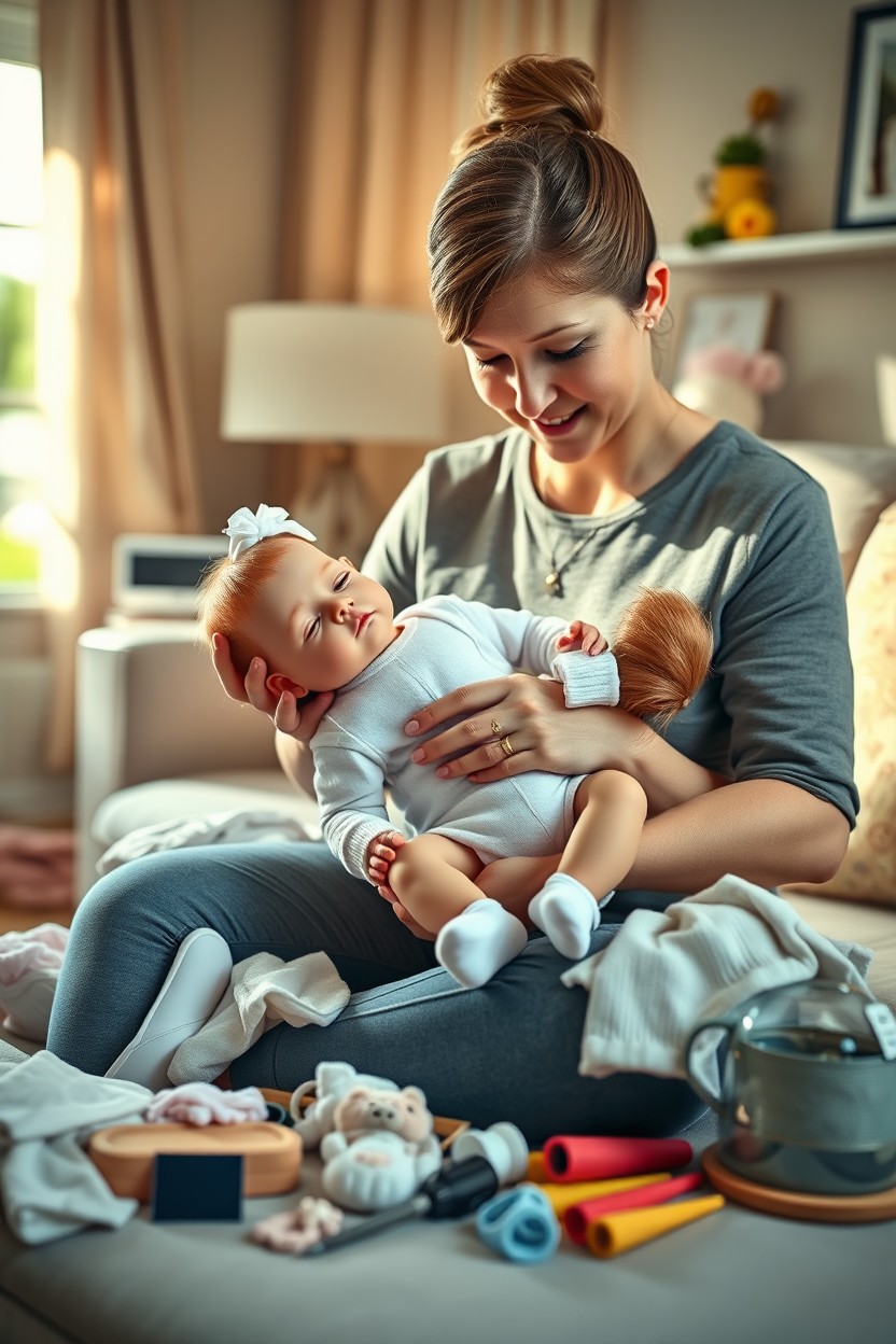 A heartwarming scene illustrating the care of a Reborn baby doll, showcasing love and artistry