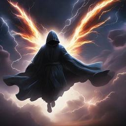 A man cloaked in a black hooded robe, his radiant aura wings interlaced with vivid thunderbolts, soars boldly against the backdrop of an explosive thunderstorm in the endless sky.