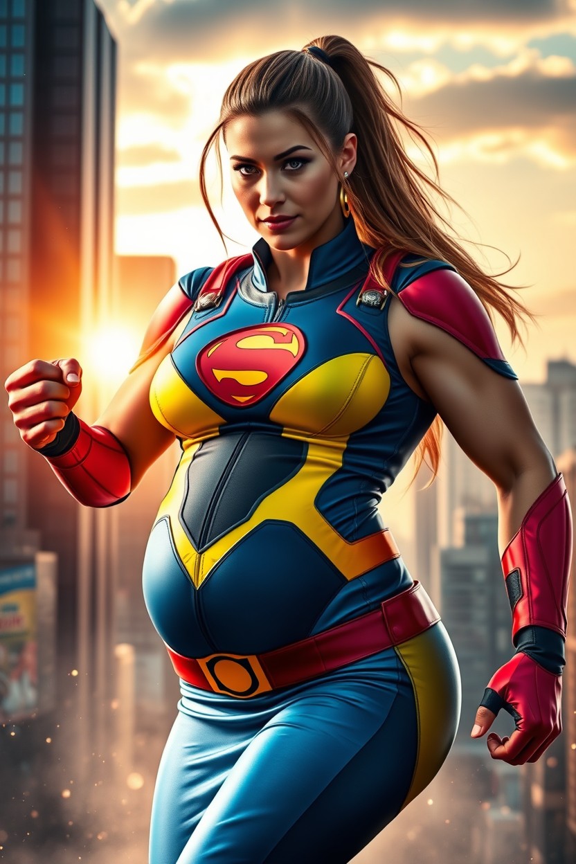 A powerful and confident superhero fighter with a striking muscular physique, showcasing her pregnancy glow