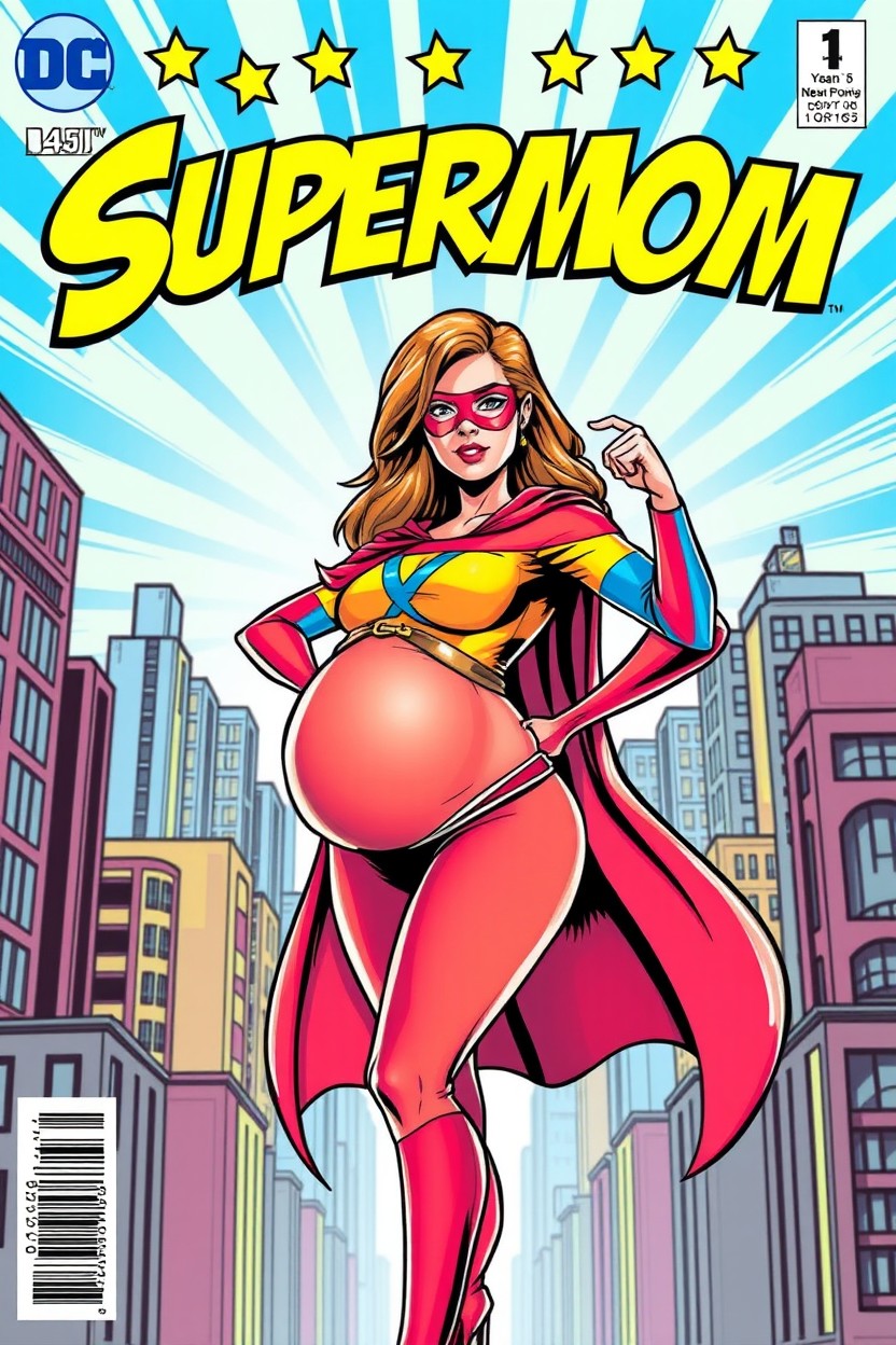 A vibrant comic book cover featuring a superheroine known as 'Supermom', who is visibly pregnant and striking a powerful pose