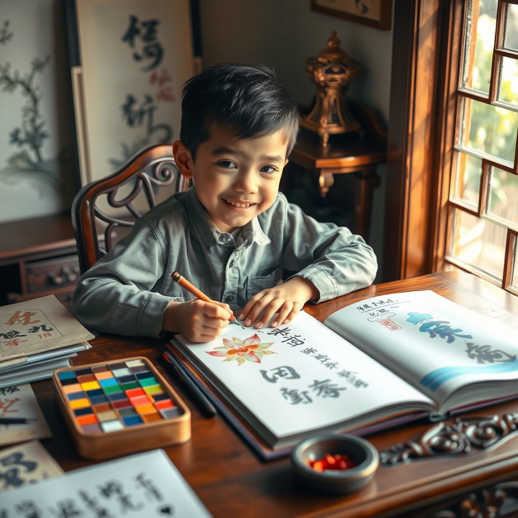 A young boy engrossed in the art of calligraphy, sitting at a beautifully decorated wooden desk filled with colorful inks and papers