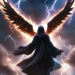 A man cloaked in a black hooded robe, his radiant aura wings interlaced with vivid thunderbolts, soars boldly against the backdrop of an explosive thunderstorm in the endless sky.