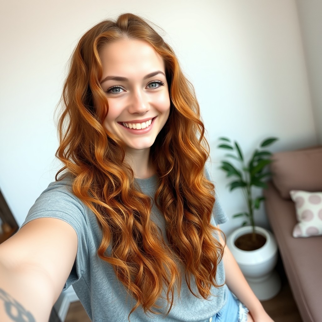 A smiling, shy, cute woman with pale skin and long, curly reddish-brown hair