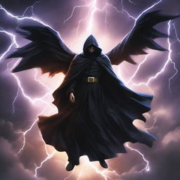 A man cloaked in a black hooded robe, his radiant aura wings interlaced with vivid thunderbolts, soars boldly against the backdrop of an explosive thunderstorm in the endless sky.