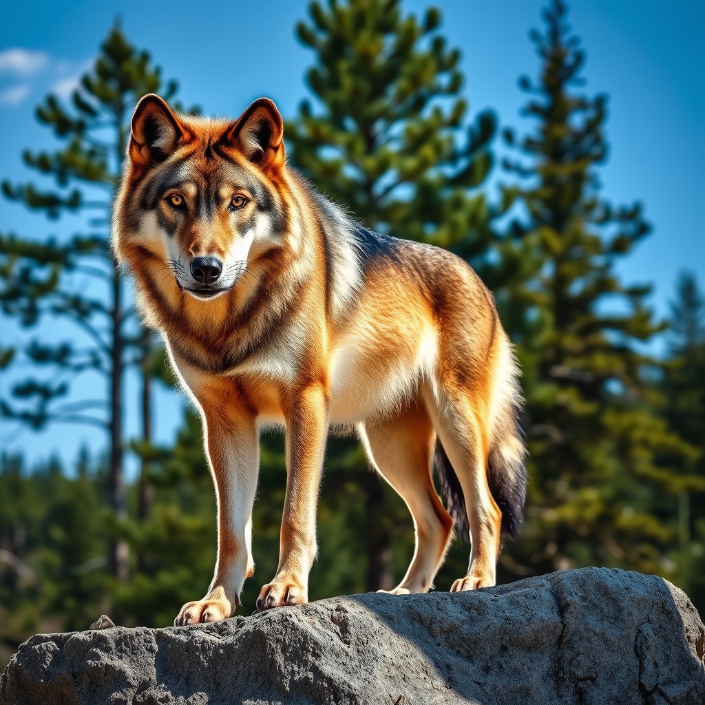 A stunning raw photograph of a majestic wolf standing proudly on a rocky outcrop, with its fur glistening in the sunlight