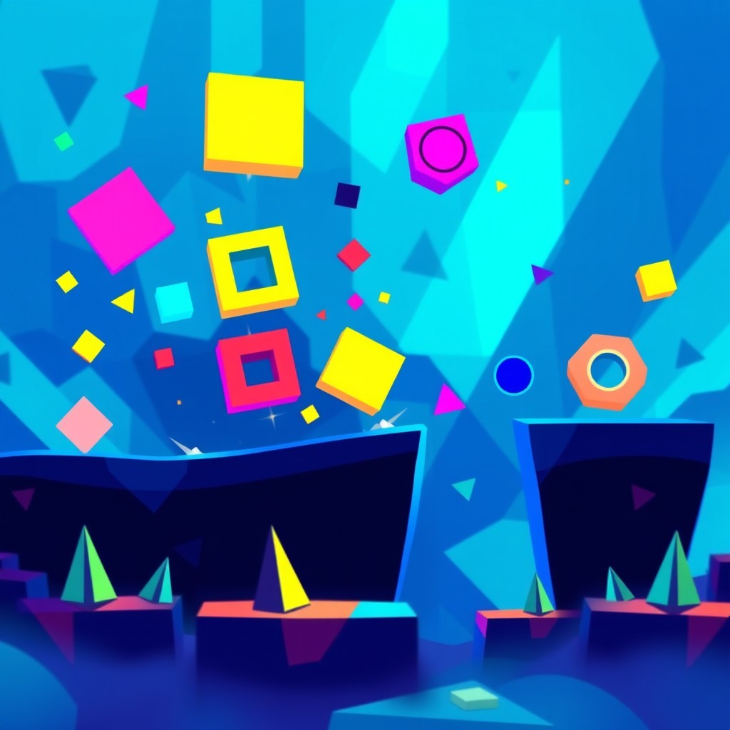 A vibrant and dynamic digital artwork inspired by video game design, specifically resembling the style of 'Geometry Dash
