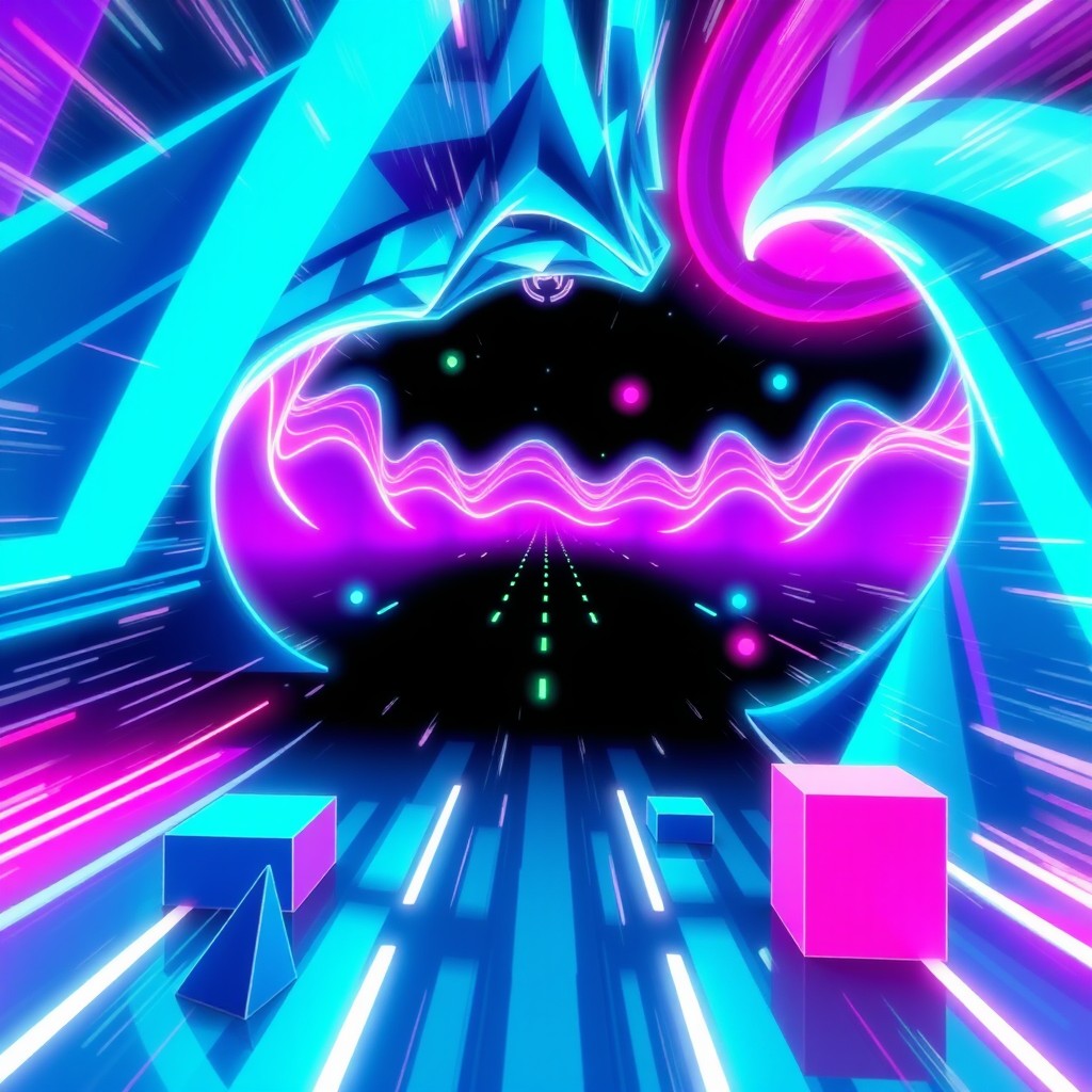 An electrifying digital artwork inspired by 'Geometry Dash' and specifically the 'Sonic Wave' level